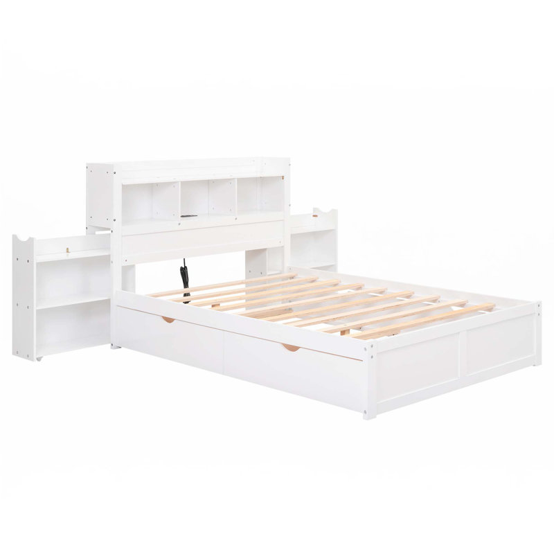 Lit plateforme double avec tablettes coulissantes, Blanc