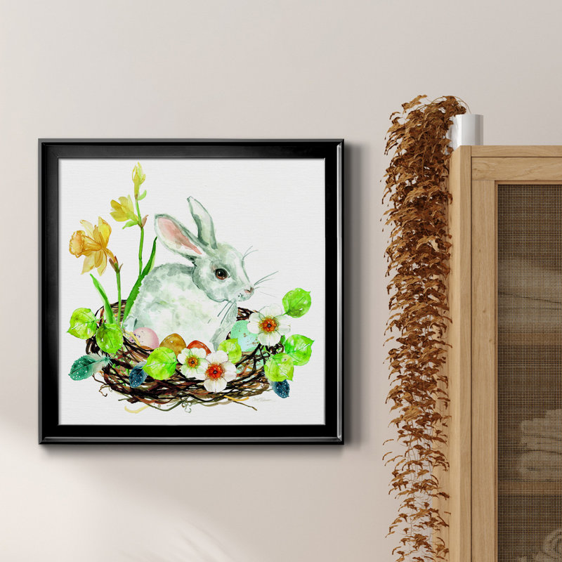 Bunny Wreath - Peinture sur toile encadrée, Cadre noir, H 30,5 po x l 30,5 po x P 1,5 po
