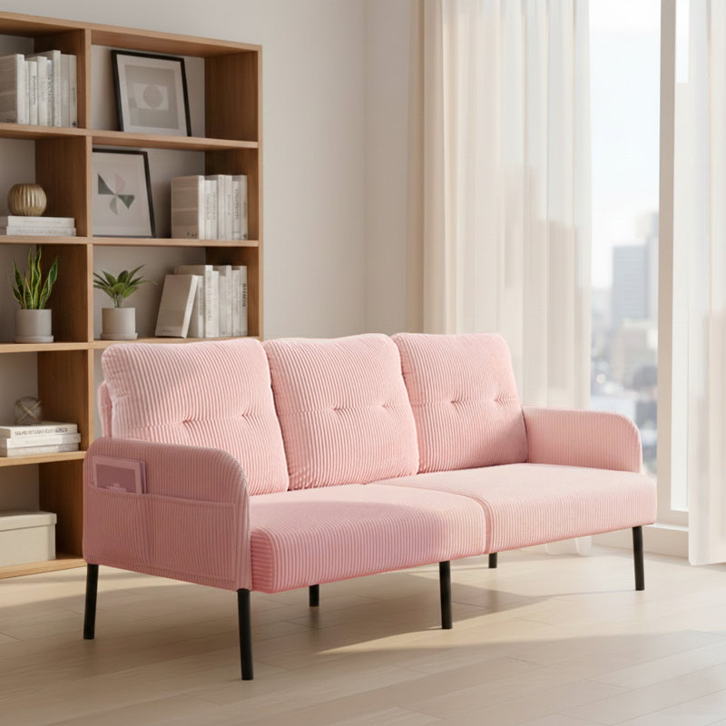 Canapé moderne en velours côtelé avec poches latérales et pieds en métal minimalistes, Rose