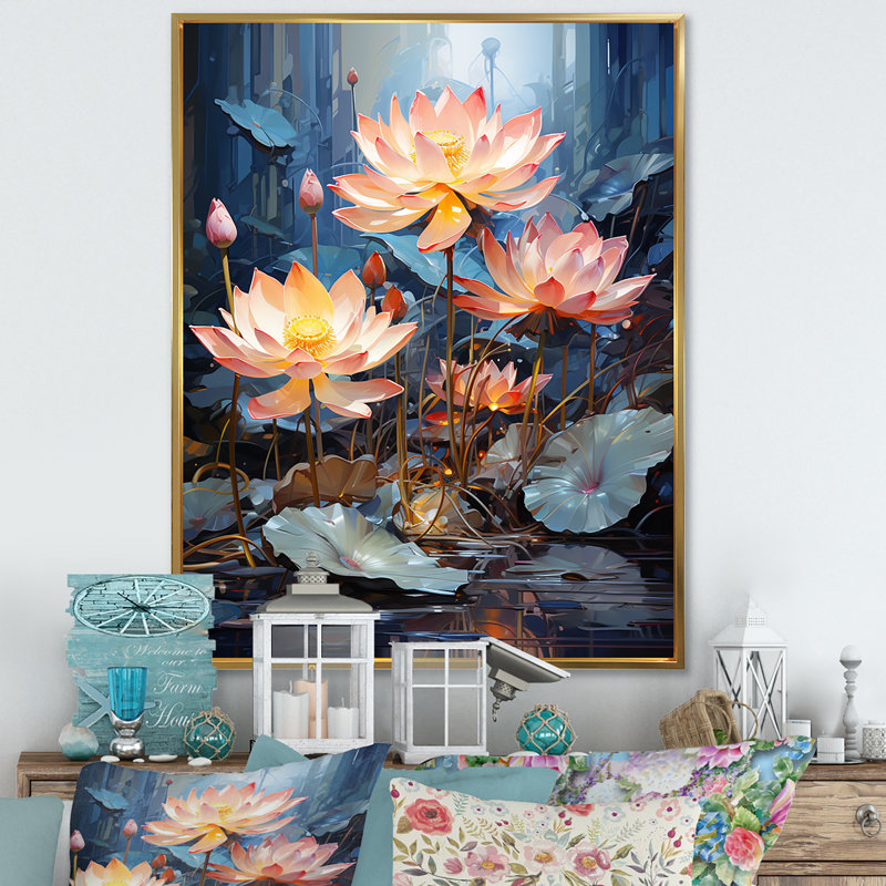 «Lotus Pond Blooms Come Alive I» sur toile, Cadre flottant doré, H 32 po x l 16 po