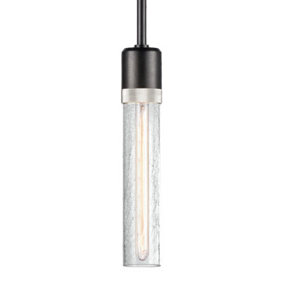 3" E26 Cylindrical Pendant Light, 18" Crackled Glass And Satin Brushed Black Finish