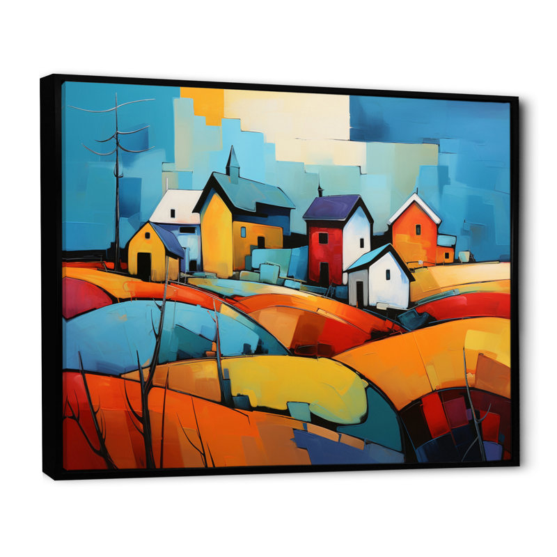 Martaja " Abstract Farmstead Collage ", Black Floater Framed, 16" H x 32" W x 1" D