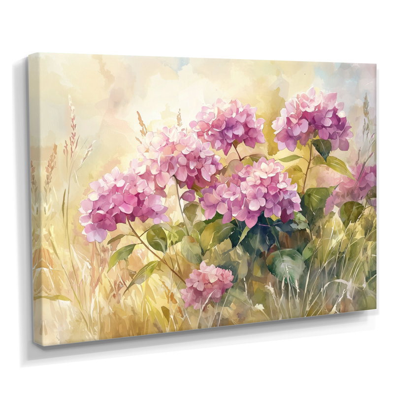 Ingebritt hortensias dans un pré d'été III - art mural d'hortensias pour le salon, H 30 po x l 40 po, Toile tendue