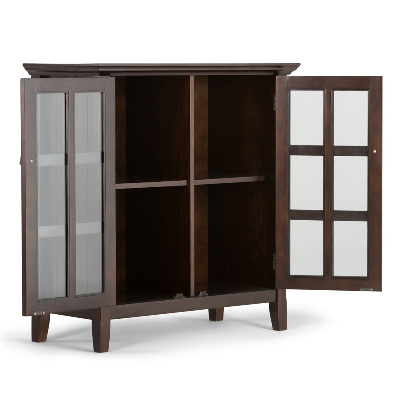 Acadian Solid Wood Transitional Low Storage Cabinet with Glass Doors and Adjustable Shelves, Light Golden Brown