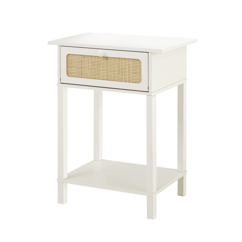 Table d'appoint Nema, tiroir à panneau en rotin et tablette, blanc moderne, Blanc