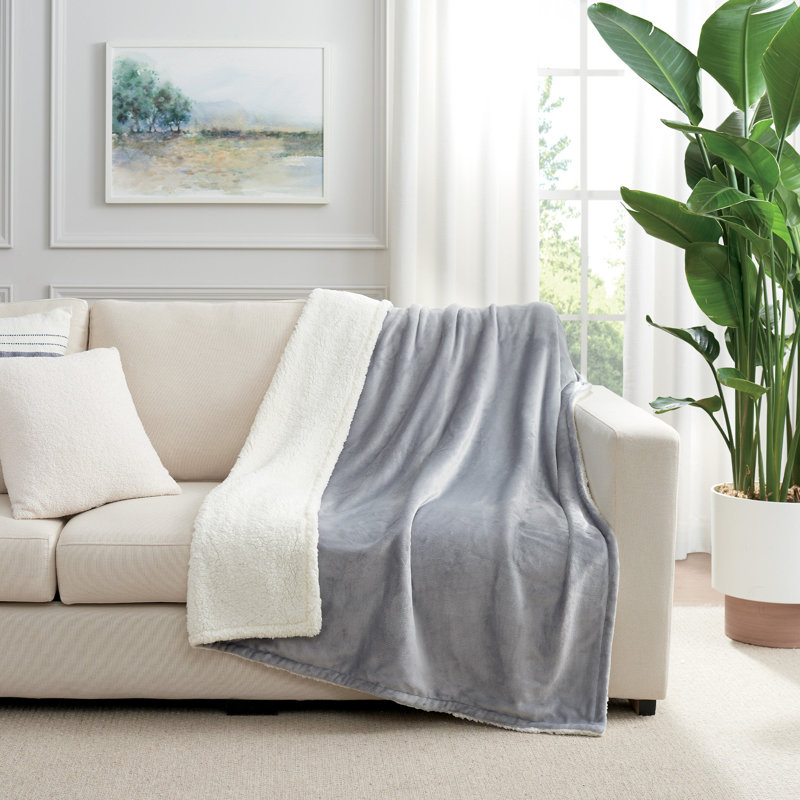 Gray Reversible Plush and Sherpa Throw Blanket, 50" x 60"
