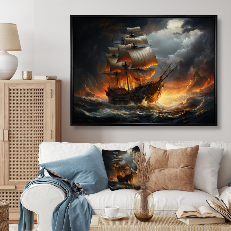 «Stormy Seas», art mural pirate, H 16 po x l 32 po x P 1 po, Cadre flottant noir