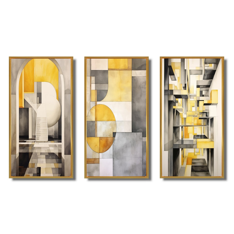 «Yellow and Gray Intersecting Realities», 3 pièces, Cadre flottant doré, H 40 po x l 60 po