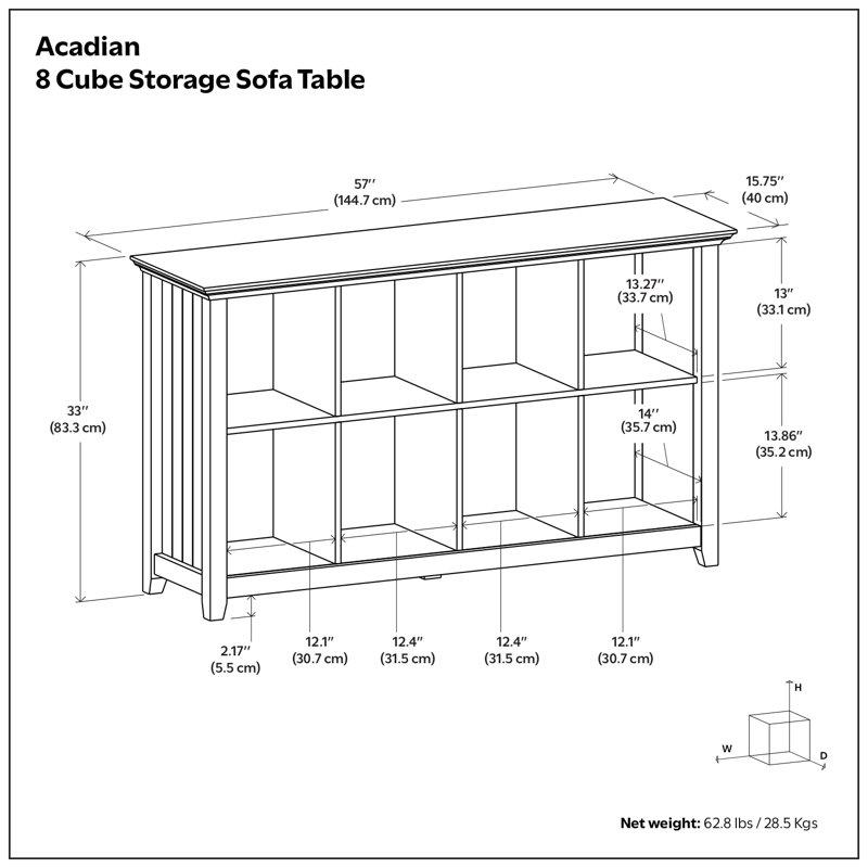 Acadian 57"W Solid Wood Storage Console Table, (8 Shelves) 33" H x 57" W x 16" D, Light Golden Brown