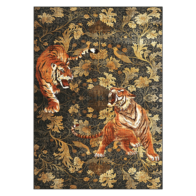 Tiger Washable Rugs Area Rugs for Living Room Vintage Rug Botanical Floor Carpet for Dining Room Home Office, Brown
