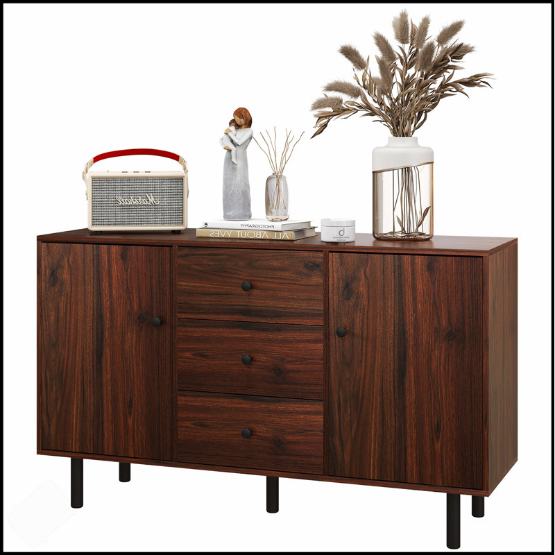 Rustic Brown Sideboard Buffet Cabinet With 2 Cupboards, 3 Drawers, And Adjustable Shelves For Versatile Storage And Display