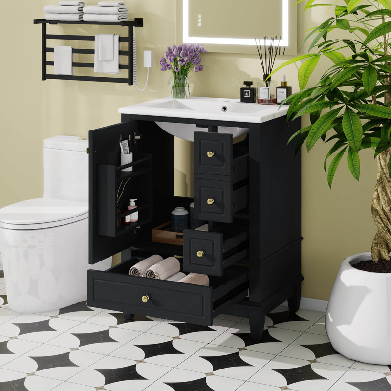 24" Bathroom Vanity With Sink, Single Vanity Set With 3 Drawers And One Door With Storage Racks, Wooden Storage Cabinet