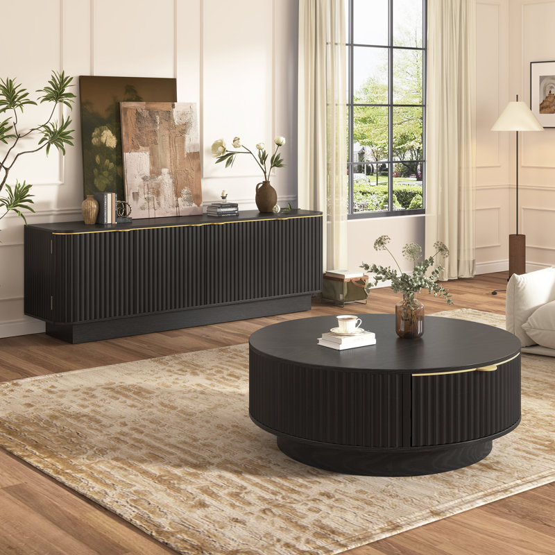 Ensemble table basse cannelée en bois de 150 cm avec poignée dorée, meuble télé pour salon, Noir