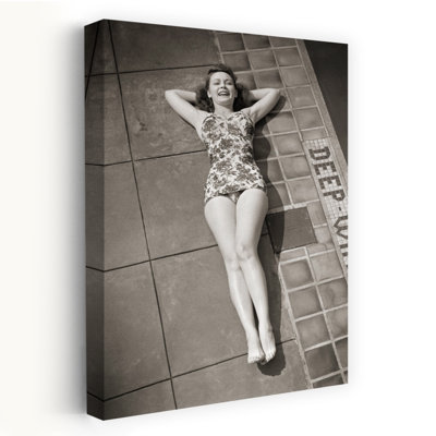 1940S Smiling Brunette Woman Wearing One Piece Bathing Suit Lying By Deep End Of A Swimming Pool Looking At Camera Classic Retro Vintage Wall Art