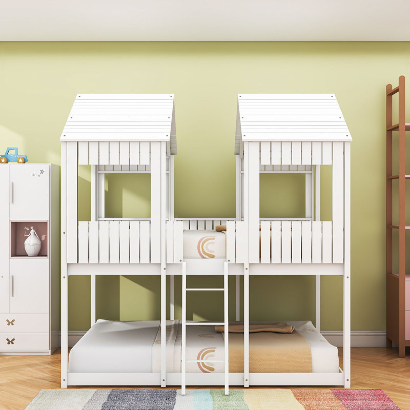 Lit superposé double en bois avec toit et échelle Pittsburg Kids, Blanc