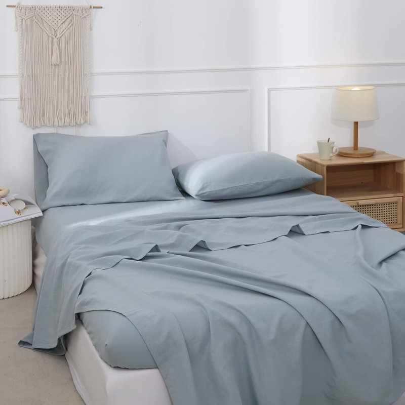Ensemble de literie en lin belge, Bleu cendré, Ensemble de draps pour grand lit avec 2 taies d'or