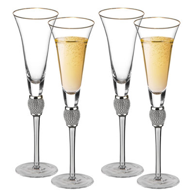4 Piece Elegant Crystal Set Wedding Champagne Glasses With Diamond Rhinestone Accents And A Rim - 11 In Tall With Slender Long Stems, 7 Oz - Chic Toasting Set For The Bride And Groom