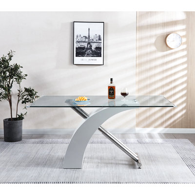 Table de salle à manger moderne avec plateau en verre au design contemporain, base en bois laqué, éléments décoratifs, couleur principale blanche, profondeur 62,64 po, largeur 36,04, convient à la cuisine ou à la pièce, assemblage requis