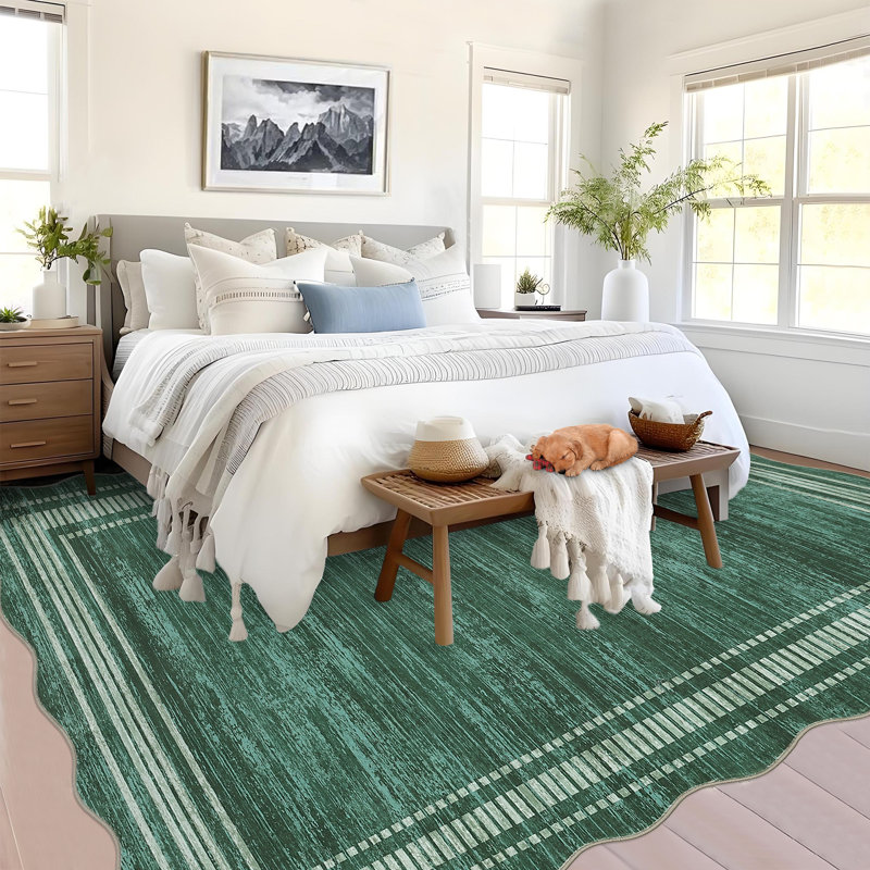 10x13 FT Area Rug, Modern Striped Border Accent Rug, Machine Washable Low Pile Non-Slip Indoor Carpet for Entryway, Bedside, Dorm, Living Room, Green