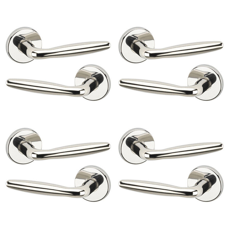 4x Urfic Rouen Metal Lever Latch Door Handles Set Rose Internal & External, Polished Nickel Rose