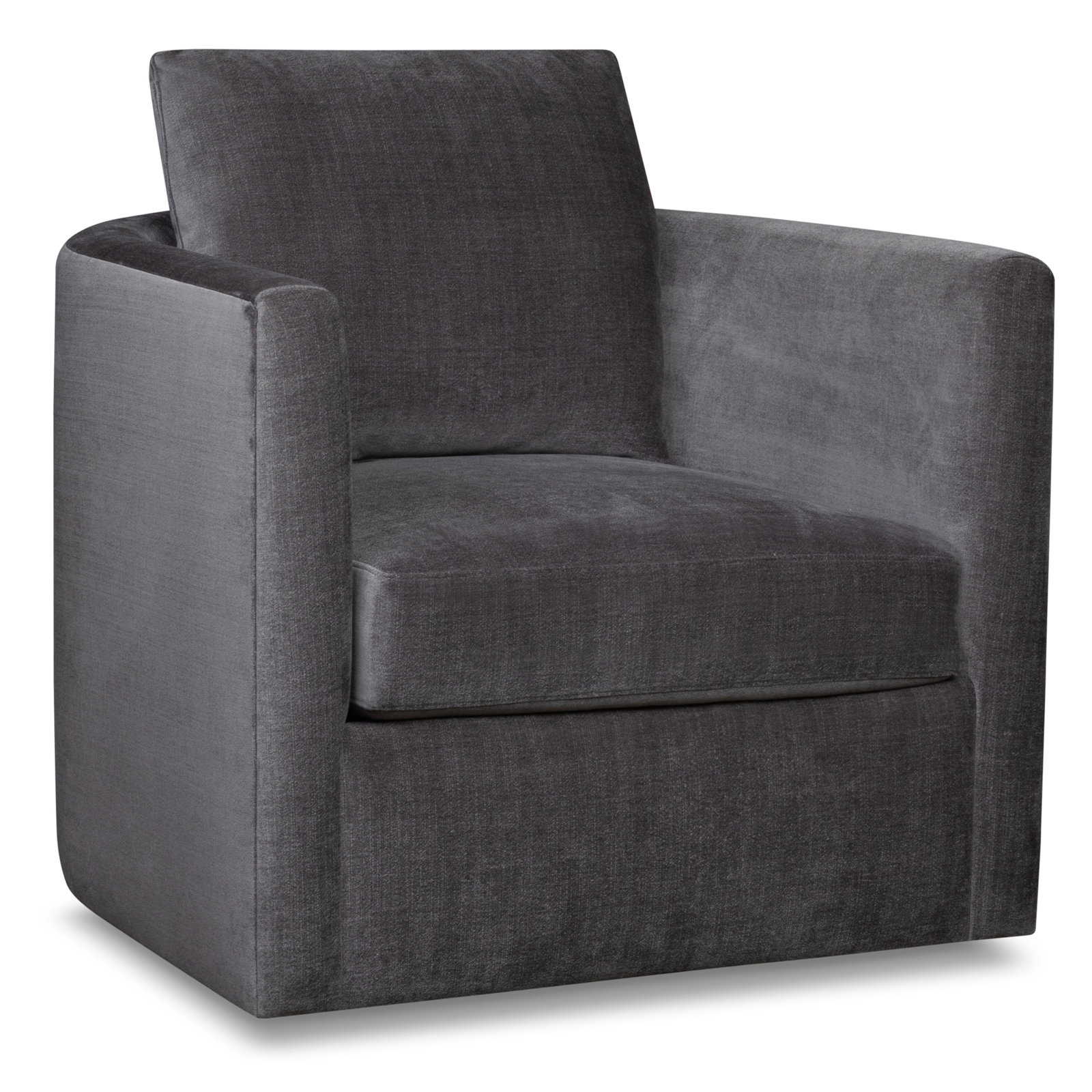 Carmella Upholstered Swivel Barrel Chair, Andrew Slate Performance Chenille