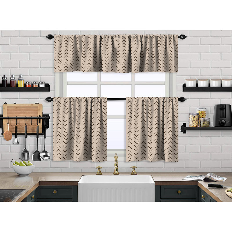 Boho Design Kitchen Valance And 2 Tiers Curtain,African Mud,Window Valance Treatments,Decorative, Ecru, 24" W x 36" L