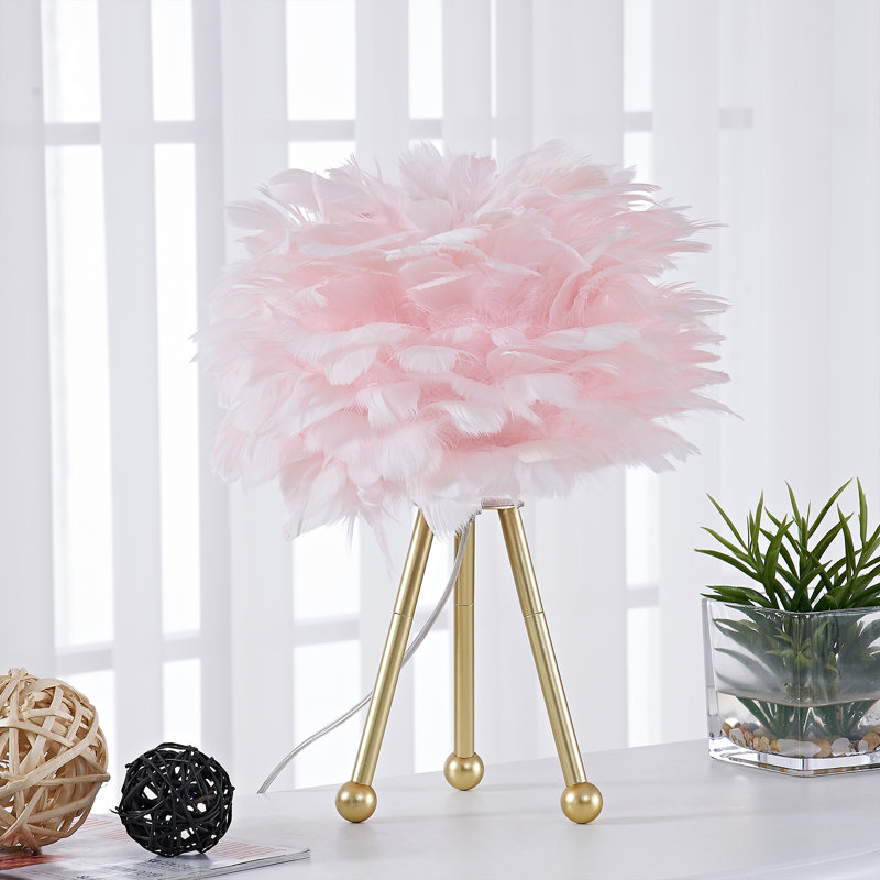 Lampe de table moderne en plumes 14,5 "avec base en trépied, Rose