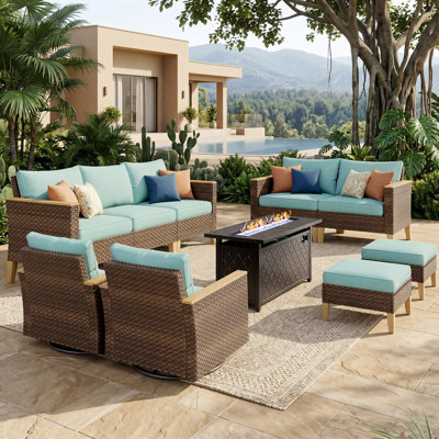 Wanyae Outdoor Wicker Patio Conversation Furniture Set With Swivel Chairs And Firepit Table