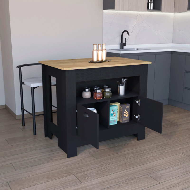 Kitchen Island 35" H, 2 Doors, 3 Shelves, Macadamia, Black