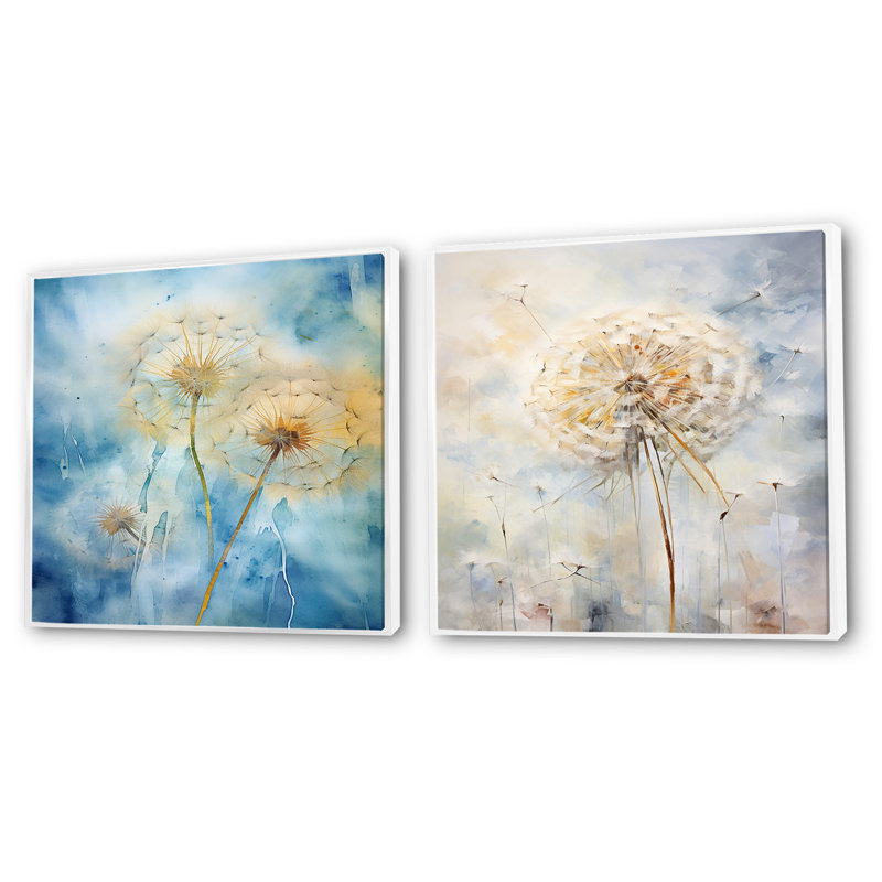 Dandelion Charm in Winter - Ensemble de 2 pissenlits carrés, Cadre flottant blanc, H 36 po x l 73 po