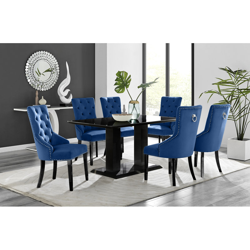 Edzard Double Pedestal High Gloss Dining Table Set with 6 Luxury Velvet Dining Chairs, Black, Black