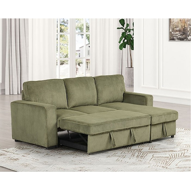 Wongso Sectional With Pull-out Sleeper, Green Corduroy