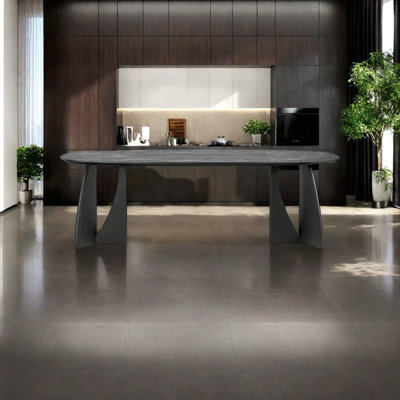 Triangle-shaped base supporting solid wood dining