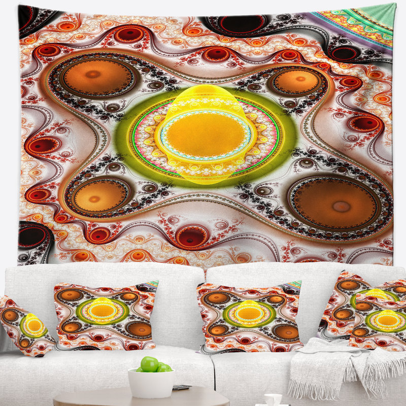Tapisserie abstraites et cercles de couleur brun, H 32 po x l 39 po