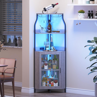 Modern Corner Bar Cabinet, Particle‑Board Freestanding Corner Wine Cabinet with Open Shelves and Closed Storage Cabinet for Living Room