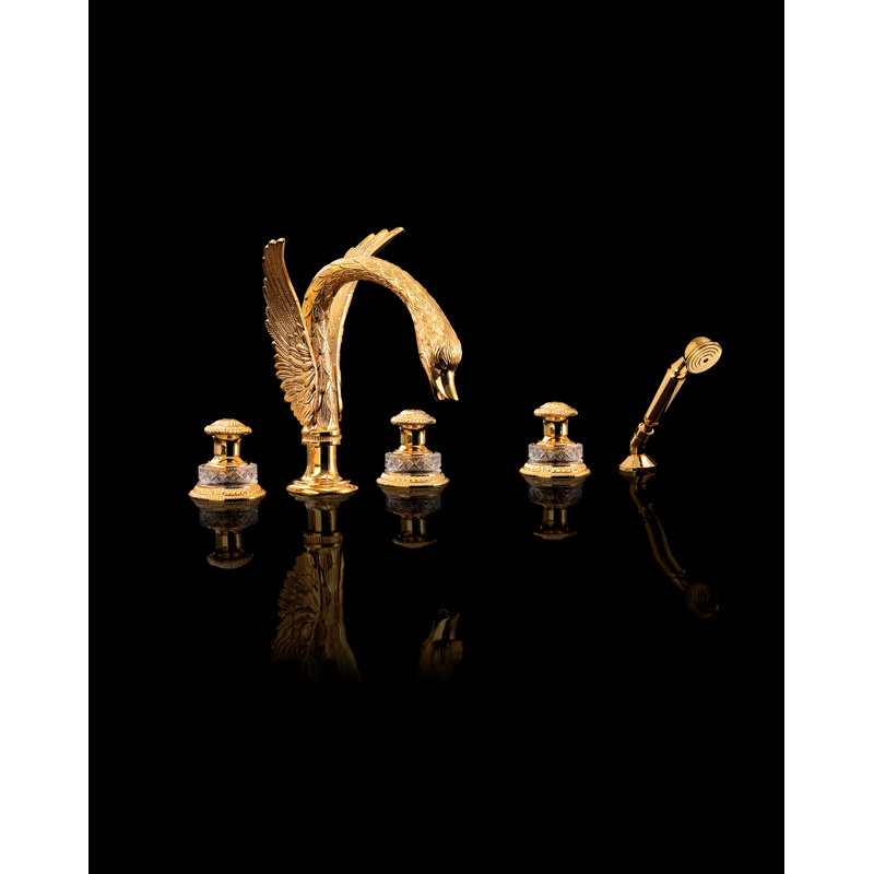 Swan 3 Handle Deck Mounted Roman Tub Faucet Trim with Handshower, 24Kt Gold