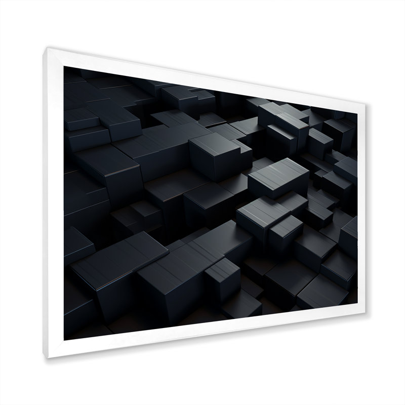 Dimensions du cube 3D en brique noire I - reproduction sur toile, Cadre simple blanc, H 34 po x l 44 po x P 1,5 po