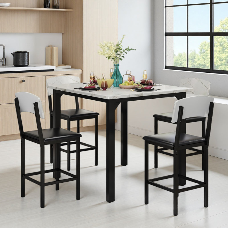 Ensemble de table de salle à manger pour 4, table à hauteur de comptoir et 4 tabourets de bar, ensemble de salle à manger de cuisine moderne, avec chaises rembourrées, blanc, gris
