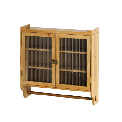 Armoire murale 24,8 po à porte vitrée vintage avec rangement à trois niveaux et porte-serviettes, convient pour la salle à manger, la cuisine, la salle de bain, le lustre en bois naturel, le verre massif et l'assemblage sans difficulté