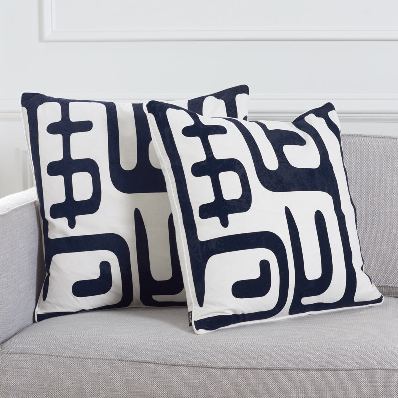 Set of 2 Navy and Beige Abstract Throw Pillows