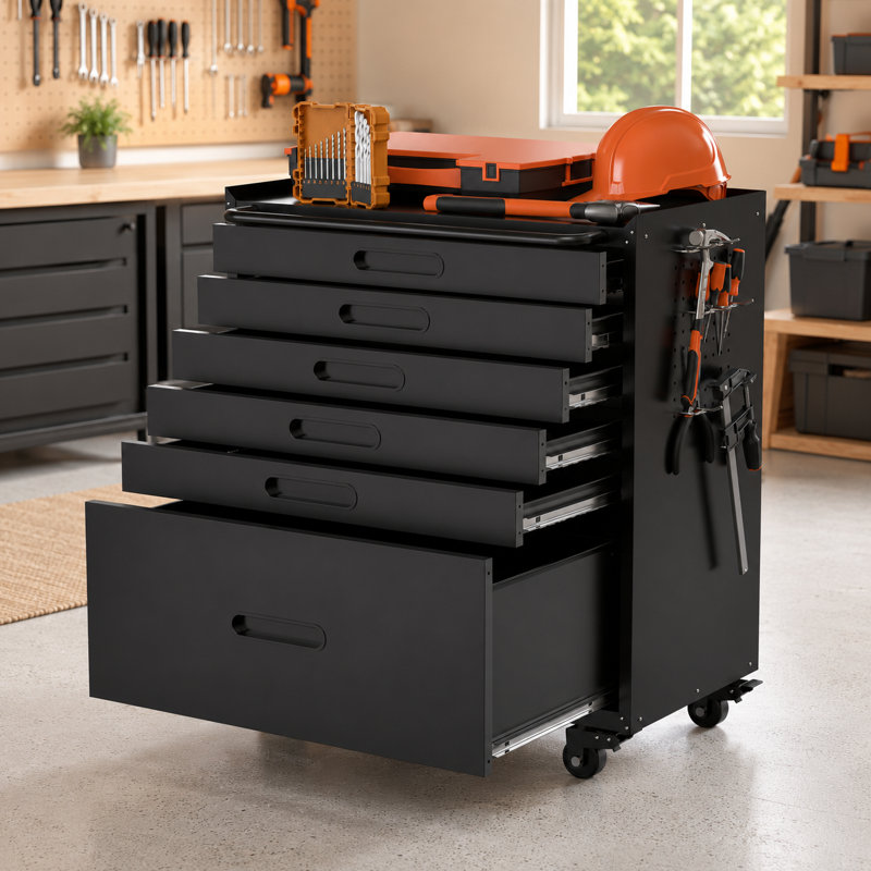 Coffre à outils roulant 34,3 po avec 6 tiroirs, organisateur d'armoire de garage mobile, armoire de rangement tous les tiroirs en métal pour les petites pièces et les outils, fabrication en acier robuste, noir