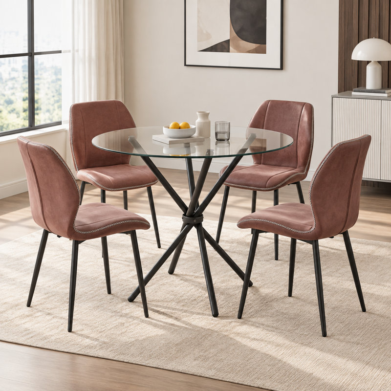 Ensemble de table de salle à manger 5 pièces en verre trempé avec chaises en similicuir, Reddish Brown