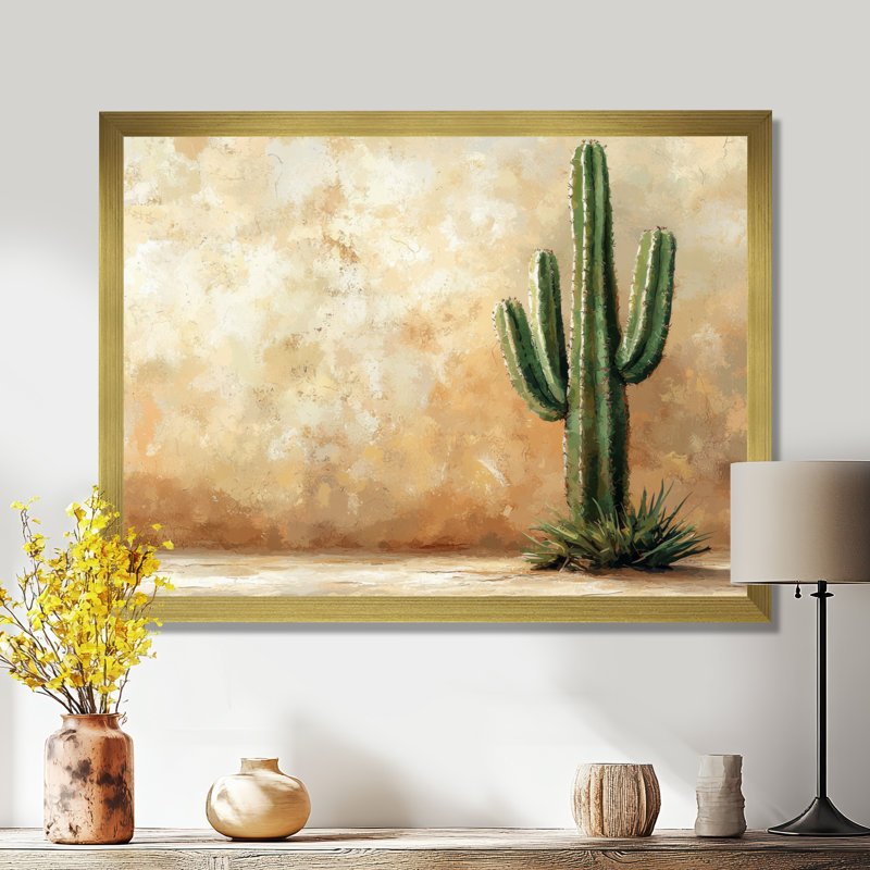 Cactus dans le désert VI - art mural cactus, Cadre simple, H 24 po x l 32 po, Doré