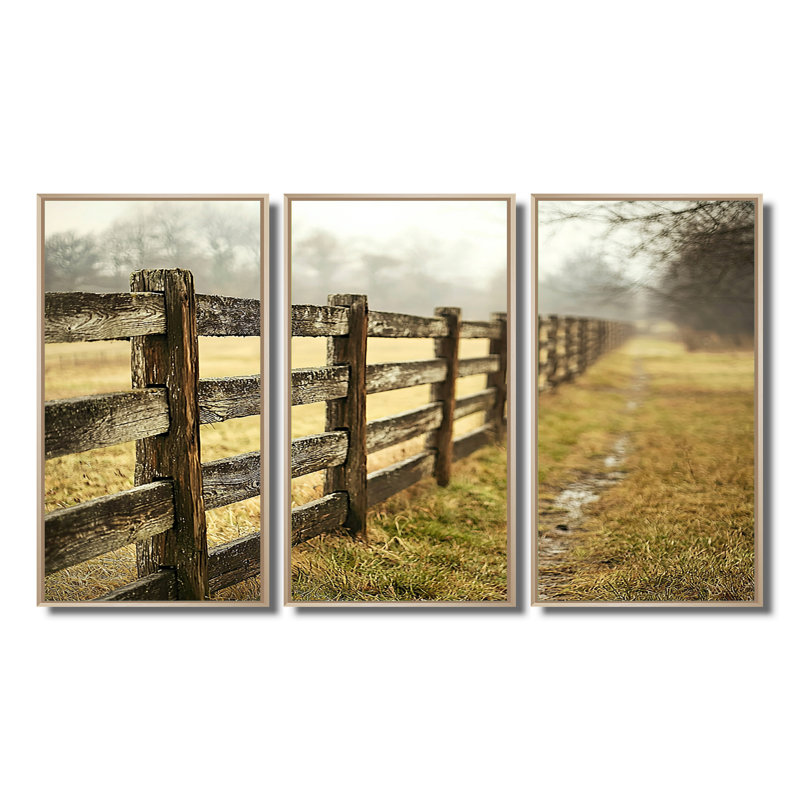 «Brown and Green Farm Landscape Rustic Fence», ensemble d'art mural de ferme, Toile naturelle avec cadre flottant