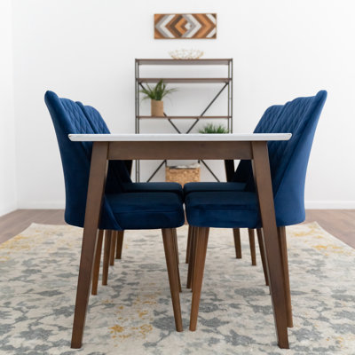 Fredy 4 - Person White Top Solid Wood Dining Set with Velvet Upholstered Chairs