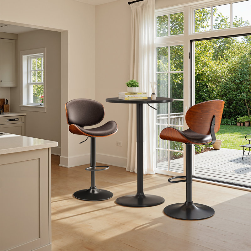 Swivel Adjustable Height Bar Stool With Metal Frame Upholstered  Counter Stool With Bentwood, Brown