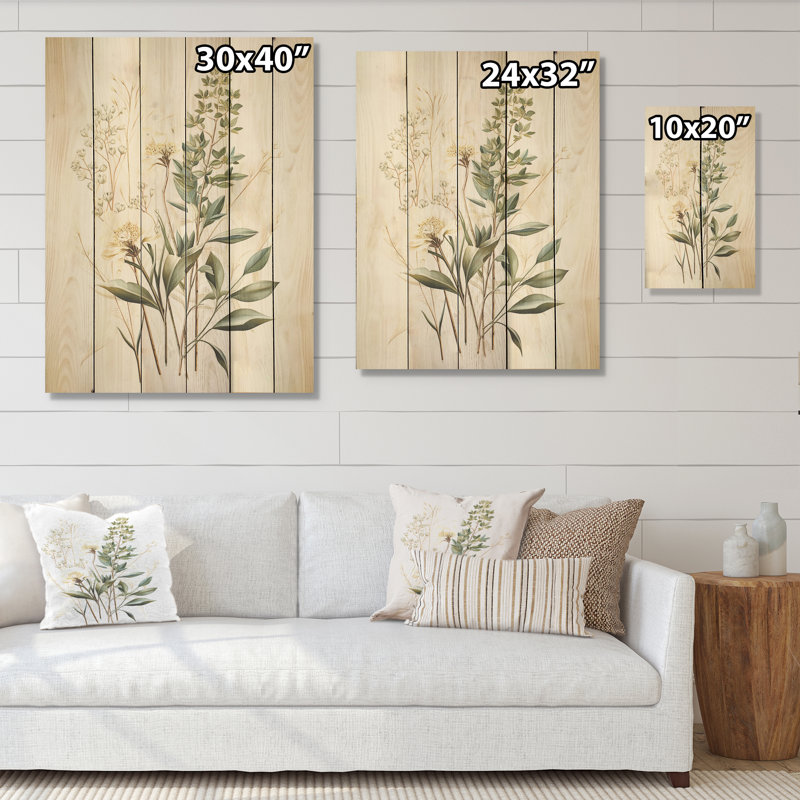 Green Herbs Minimal Harmony - Herbes, art mural sur bois de pin naturel, H 40 po x l 30 po