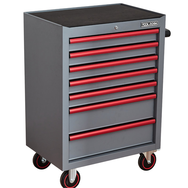 7 - Drawer 26.7Inch Tool Box With Carbon Steel Build, Silent Wheels, Locking Mechanism, And Spacious Drawers, Blue+Red Rolling Strong Design, Key Lock,