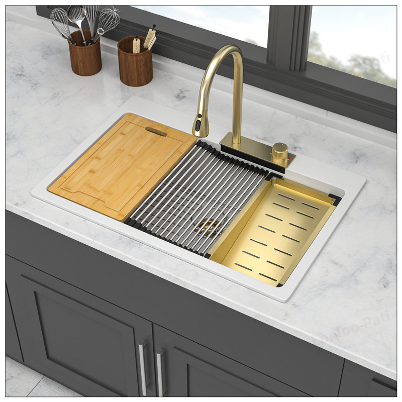 Drop In Waterfall Kitchen Sink - 33x22" White Composite Granite Single Bowl with Pull-Out Faucet and Workstation Features