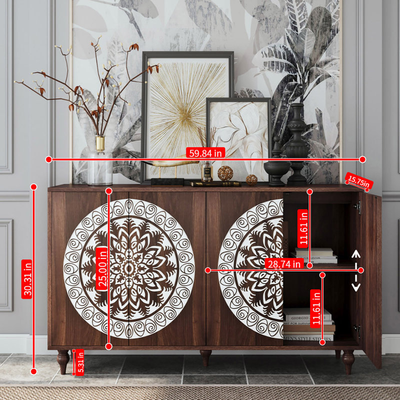 Buffet 60 po grain de noyer sculpté rétro Mandala, Noyer foncé